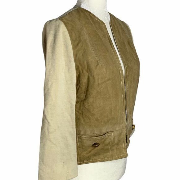 Vintage 60s Suede Wool Open Front Jacket S Brown Knit Pockets Buttons Lined - Picture 4 of 9